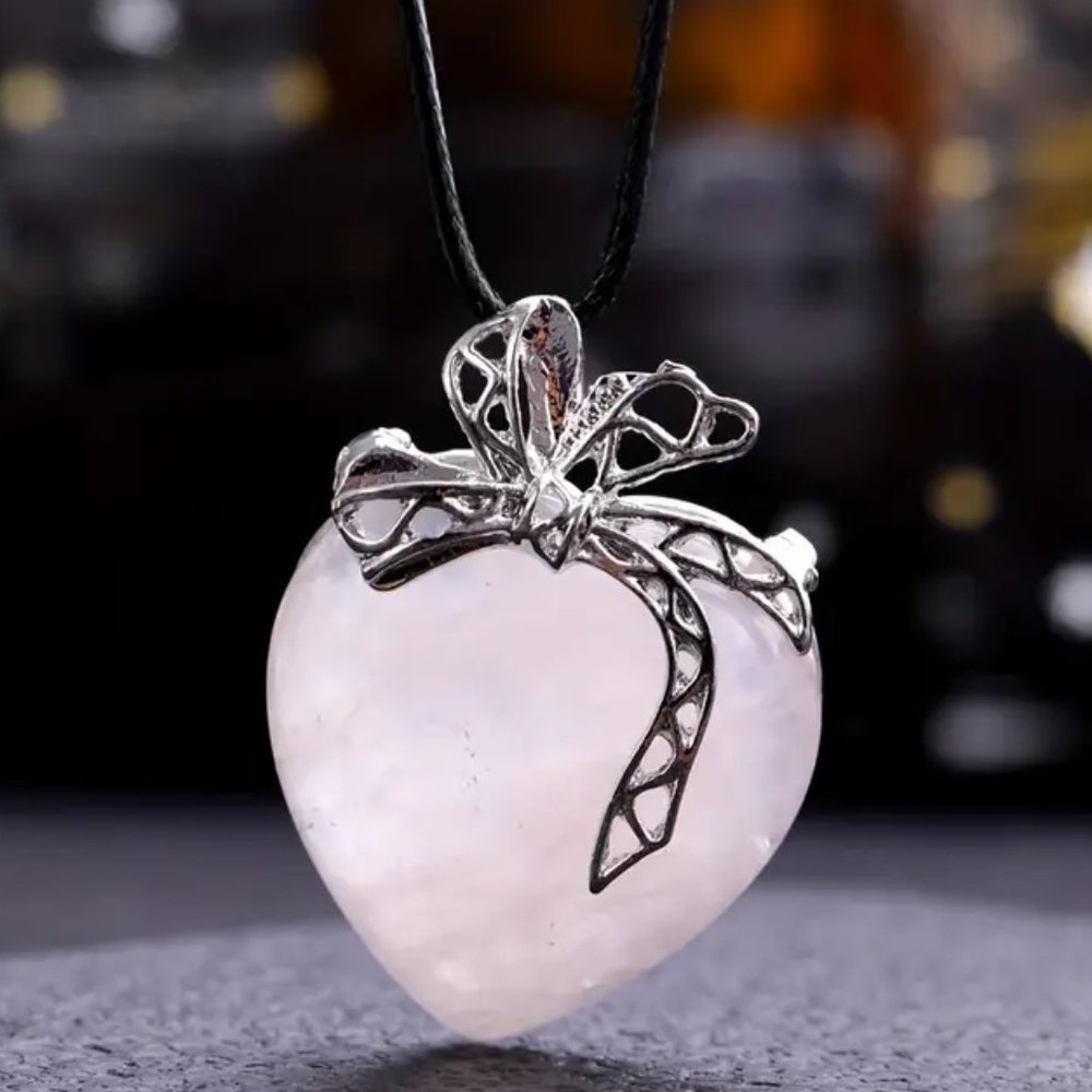 Rose Quartz Natural Gemstone Love Heart Bow Knot Pendant Necklace Gemstone